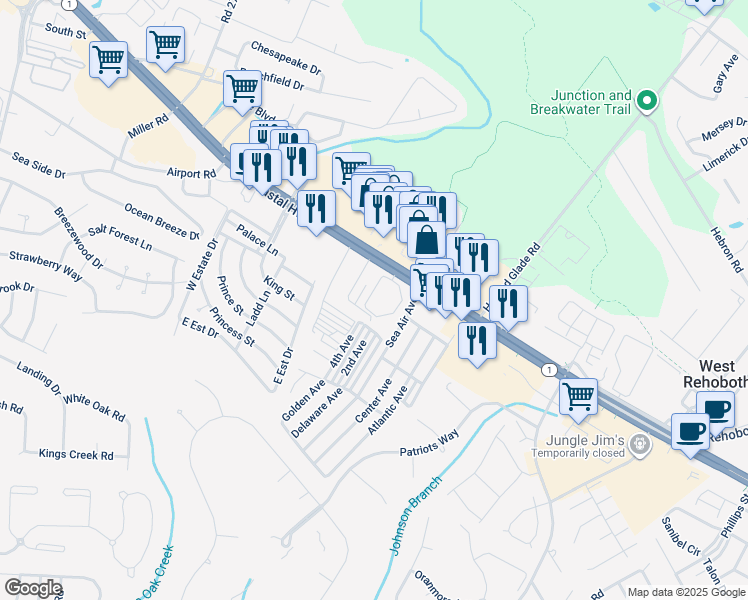 map of restaurants, bars, coffee shops, grocery stores, and more near 36507 Palm Drive in Rehoboth Beach