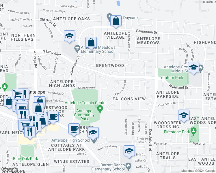 map of restaurants, bars, coffee shops, grocery stores, and more near 8132 Filifera Way in Antelope