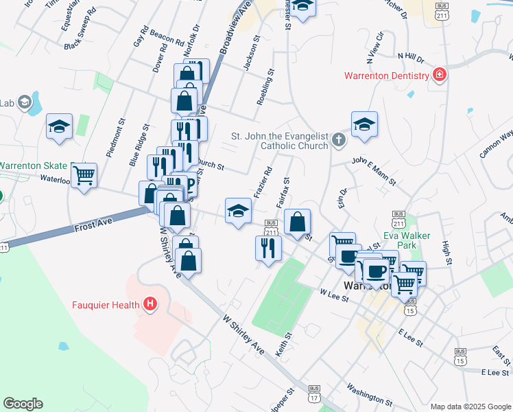 map of restaurants, bars, coffee shops, grocery stores, and more near 37 Frazier Road in Warrenton