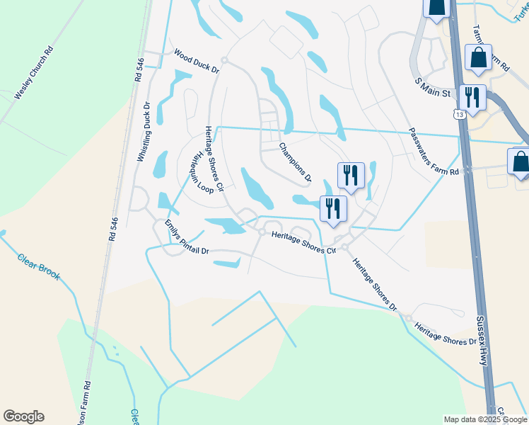 map of restaurants, bars, coffee shops, grocery stores, and more near 34 White Pelican Court in Bridgeville