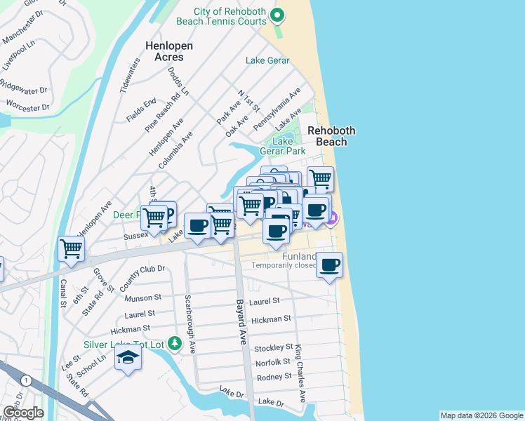 map of restaurants, bars, coffee shops, grocery stores, and more near 31 Maryland Avenue in Rehoboth Beach