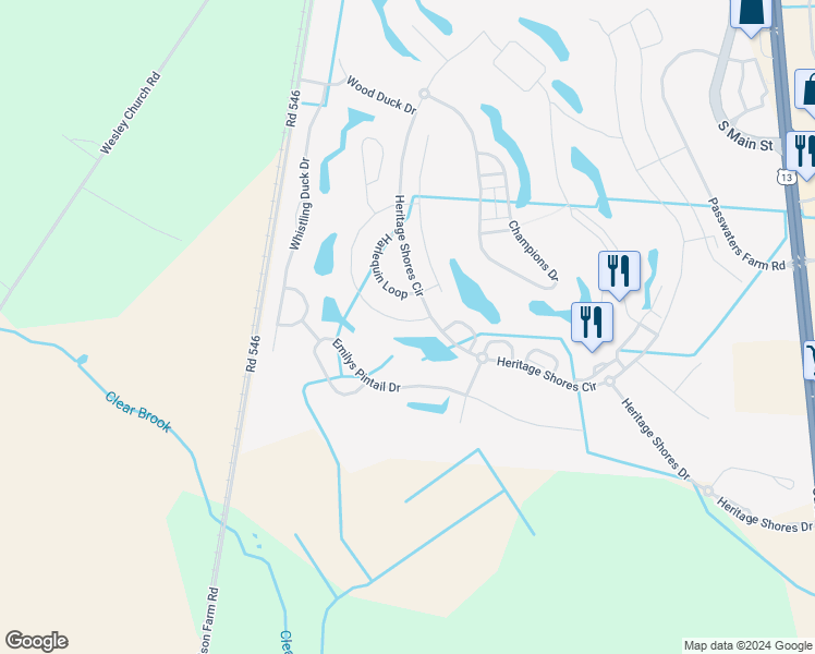 map of restaurants, bars, coffee shops, grocery stores, and more near 63 Canvasback Circle in Bridgeville