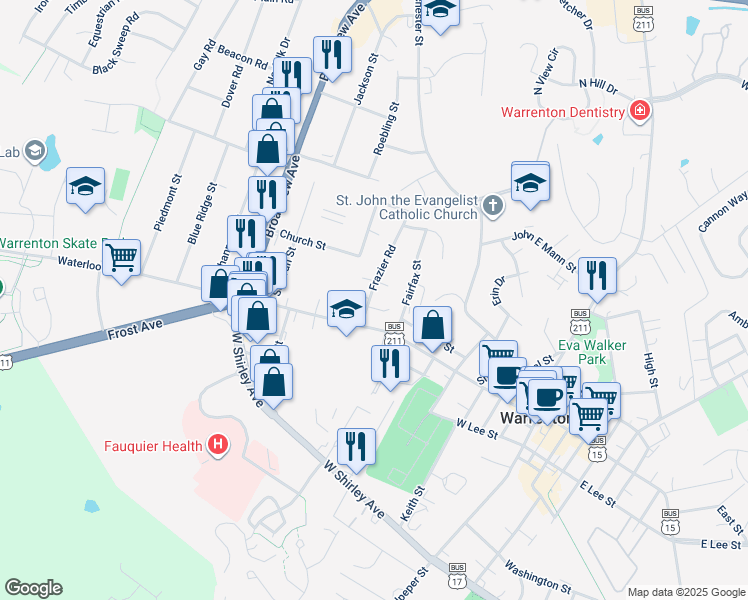map of restaurants, bars, coffee shops, grocery stores, and more near 37 Frazier Road in Warrenton