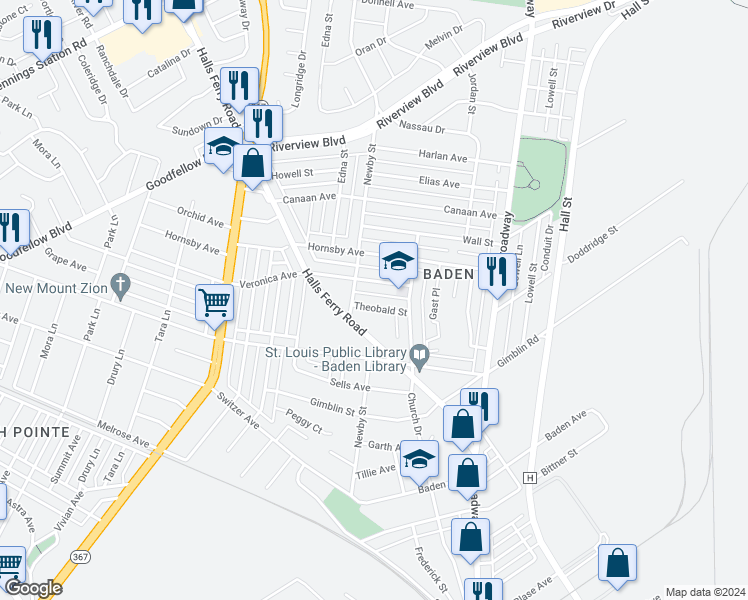 map of restaurants, bars, coffee shops, grocery stores, and more near 1023 Veronica Avenue in St. Louis