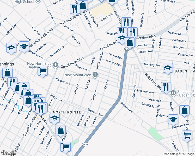 map of restaurants, bars, coffee shops, grocery stores, and more near 1627 Grape Avenue in St. Louis