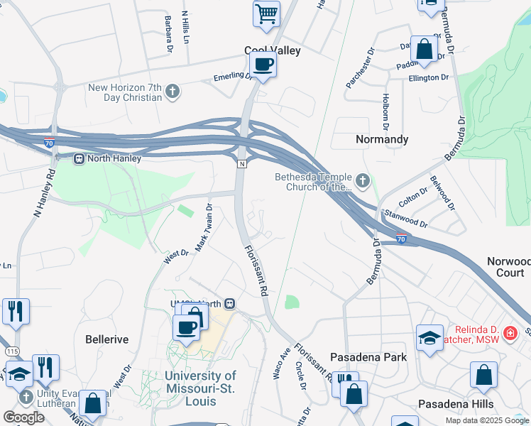 map of restaurants, bars, coffee shops, grocery stores, and more near 4359 Normandy Trace Drive in St. Louis