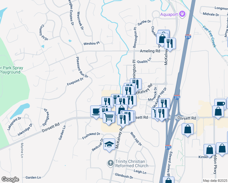 map of restaurants, bars, coffee shops, grocery stores, and more near 2046 Silent Spring Drive in Maryland Heights