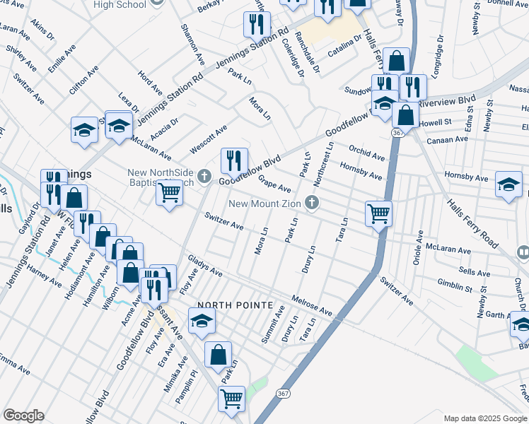 map of restaurants, bars, coffee shops, grocery stores, and more near 8646 Trafford Lane in St. Louis