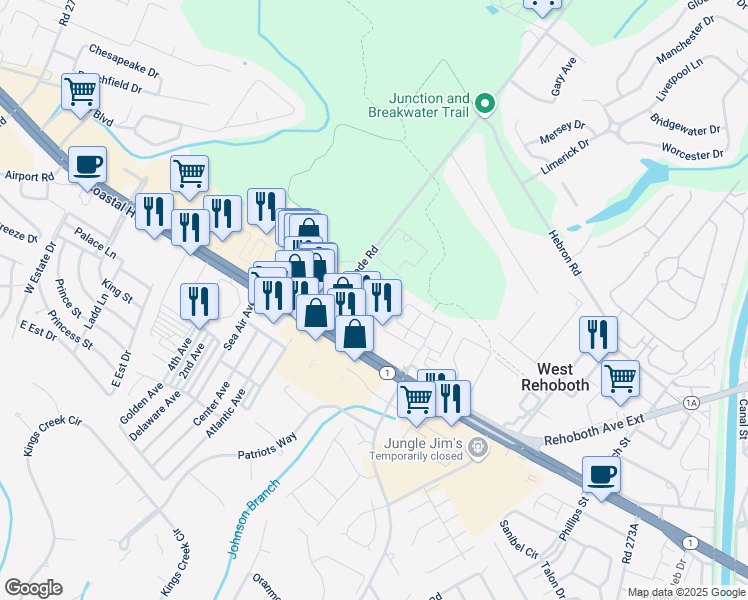 map of restaurants, bars, coffee shops, grocery stores, and more near 19805 Coastal Highway in Rehoboth Beach