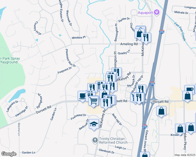 map of restaurants, bars, coffee shops, grocery stores, and more near 2046 Silent Spring Drive in Maryland Heights