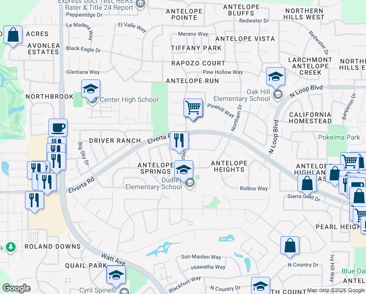 map of restaurants, bars, coffee shops, grocery stores, and more near 3517 Black Elk Court in Antelope