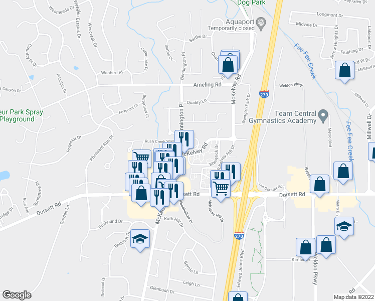 map of restaurants, bars, coffee shops, grocery stores, and more near 12386 Pinto Hill Drive in Maryland Heights