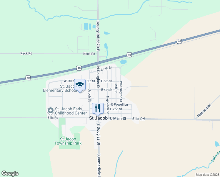 map of restaurants, bars, coffee shops, grocery stores, and more near 409 Mill Street in Saint Jacob