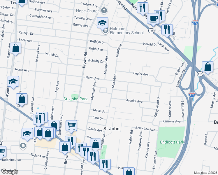 map of restaurants, bars, coffee shops, grocery stores, and more near 8734 North Avenue in St. Louis