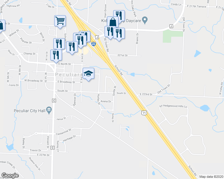 map of restaurants, bars, coffee shops, grocery stores, and more near 102 Sivley Street in Peculiar