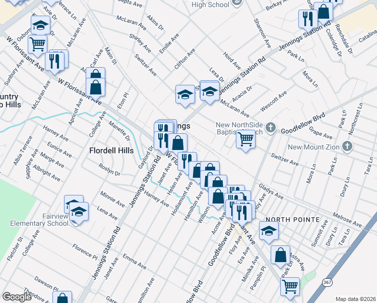 map of restaurants, bars, coffee shops, grocery stores, and more near 5824 Janet Avenue in Jennings