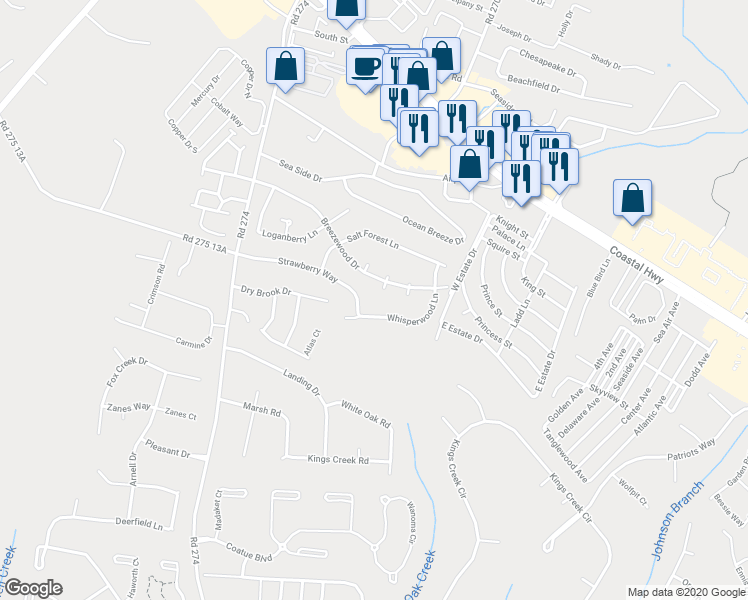 map of restaurants, bars, coffee shops, grocery stores, and more near 102 Ivywood Knob Court in Rehoboth Beach