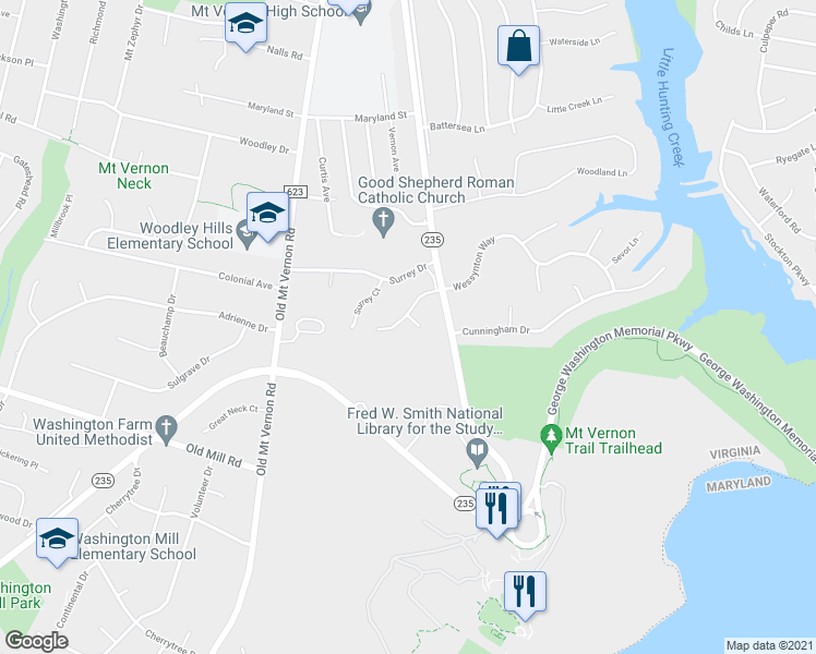 map of restaurants, bars, coffee shops, grocery stores, and more near 3407 Wessynton Way in Alexandria