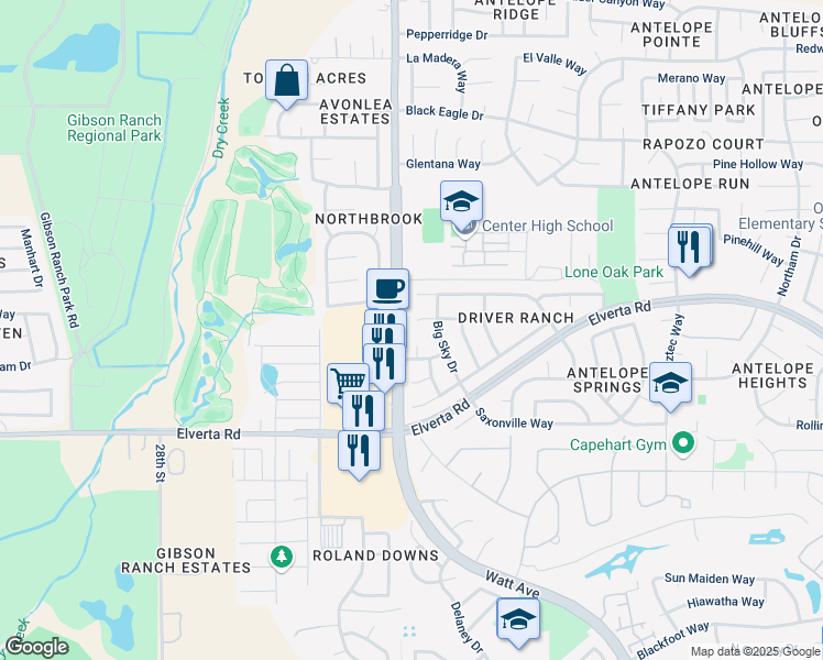 map of restaurants, bars, coffee shops, grocery stores, and more near 3101 Lazy J Court in Antelope