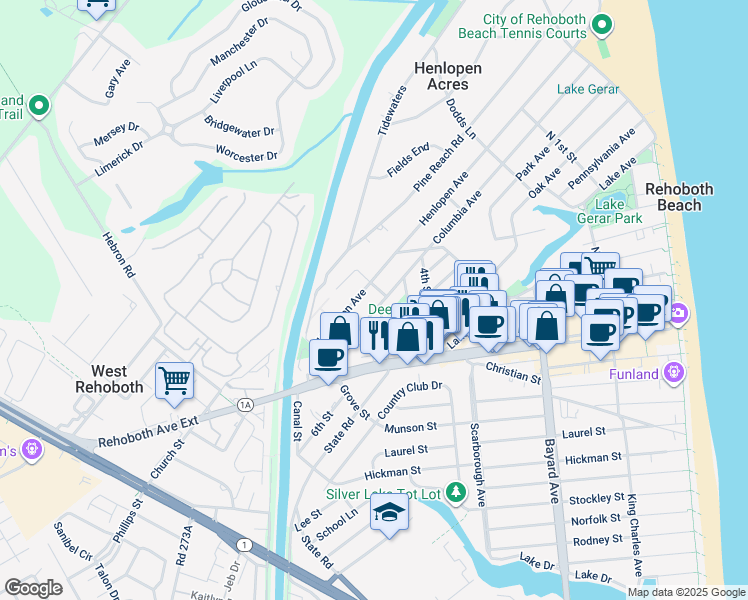 map of restaurants, bars, coffee shops, grocery stores, and more near 135 Columbia Avenue in Rehoboth Beach