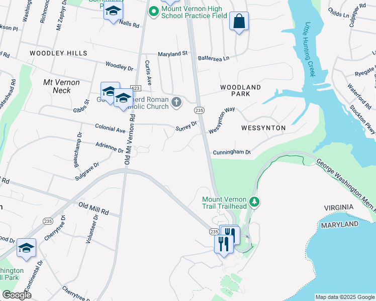 map of restaurants, bars, coffee shops, grocery stores, and more near 3407 Wessynton Way in Alexandria