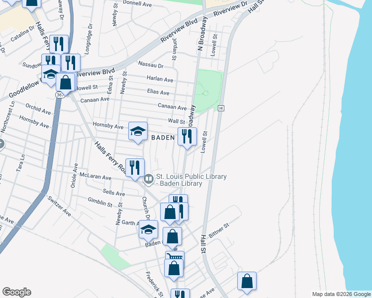map of restaurants, bars, coffee shops, grocery stores, and more near 8533 North Broadway in St. Louis