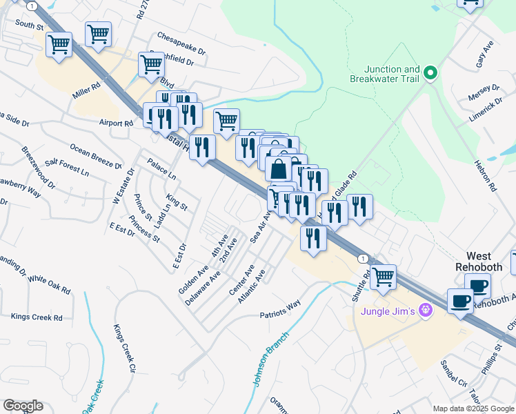 map of restaurants, bars, coffee shops, grocery stores, and more near 36525 Palm Drive in Rehoboth Beach