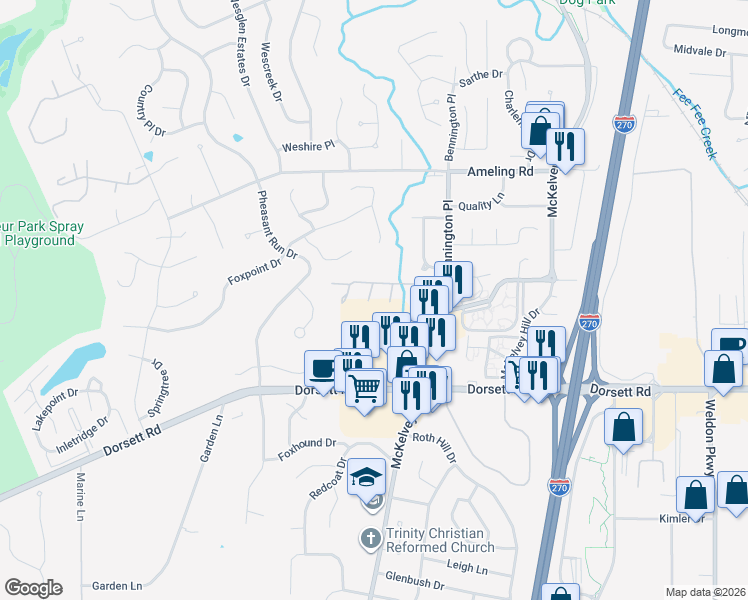 map of restaurants, bars, coffee shops, grocery stores, and more near 2046 Silent Spring Drive in Maryland Heights