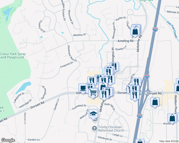 map of restaurants, bars, coffee shops, grocery stores, and more near 12114 Rush Creek Way in Maryland Heights