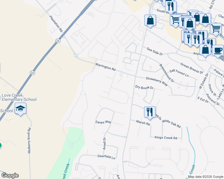 map of restaurants, bars, coffee shops, grocery stores, and more near 31719 Carmine Drive in Rehoboth Beach