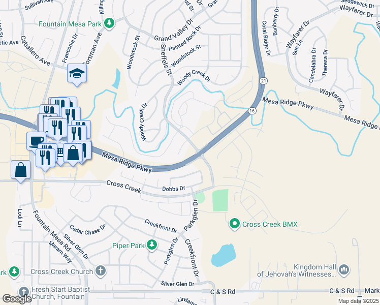 map of restaurants, bars, coffee shops, grocery stores, and more near 7806 Sneffels Street in Fountain