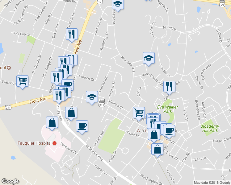 map of restaurants, bars, coffee shops, grocery stores, and more near Winchester Mews Drive in Warrenton