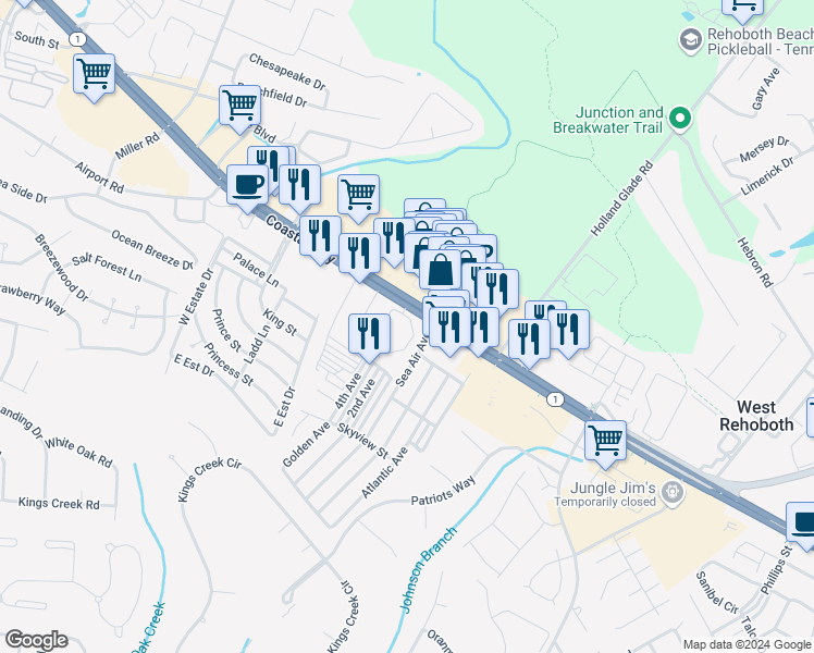 map of restaurants, bars, coffee shops, grocery stores, and more near 36525 Palm Drive in Rehoboth Beach