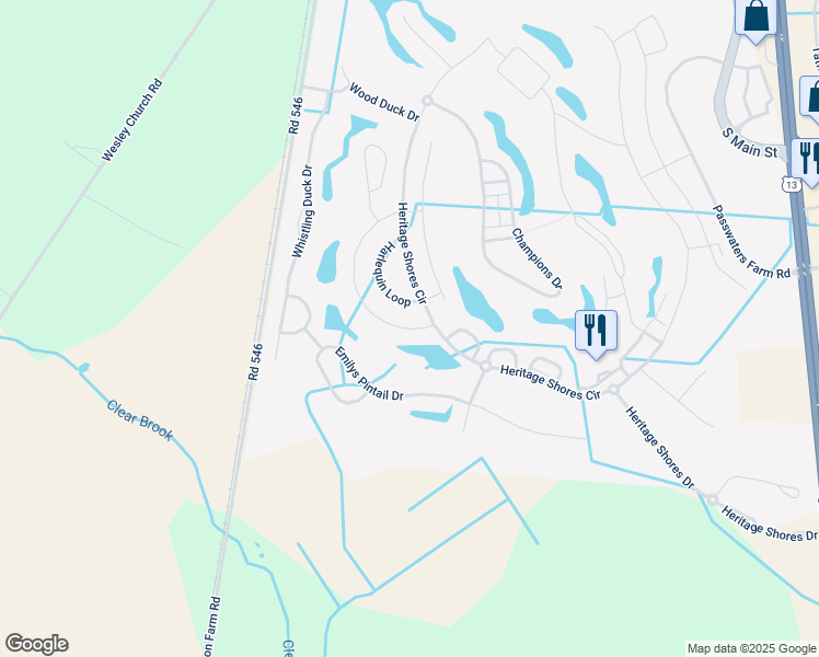 map of restaurants, bars, coffee shops, grocery stores, and more near 63 Canvasback Circle in Bridgeville