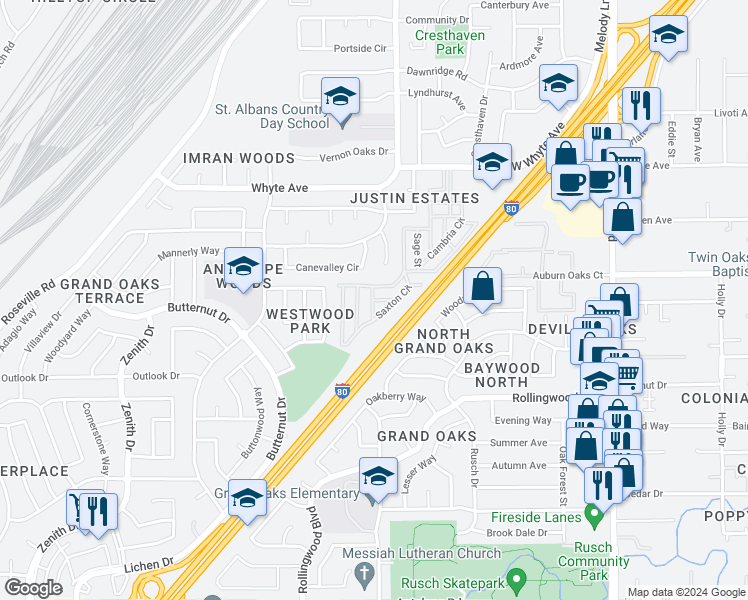 map of restaurants, bars, coffee shops, grocery stores, and more near 0 Hemet Drive in Citrus Heights