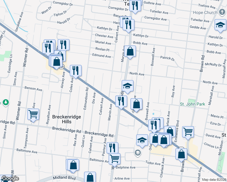 map of restaurants, bars, coffee shops, grocery stores, and more near 9309 Shirley Gardens 4 Fam Drive in St. Louis