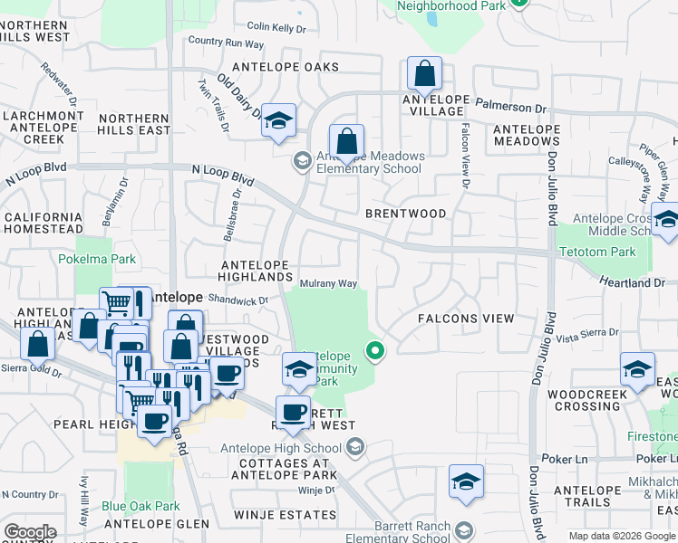map of restaurants, bars, coffee shops, grocery stores, and more near 8217 Mulrany Way in Antelope