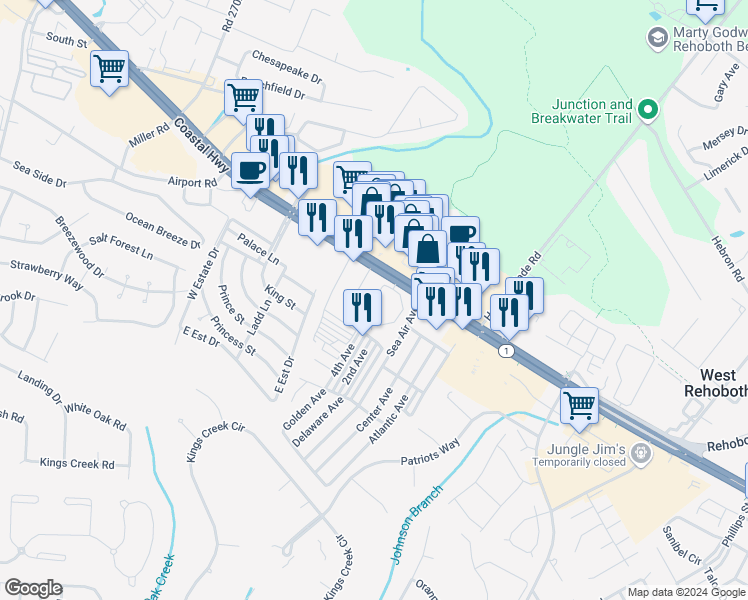 map of restaurants, bars, coffee shops, grocery stores, and more near Palm Drive in Sussex County