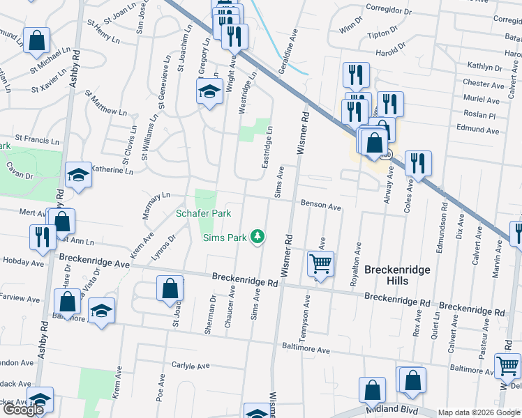 map of restaurants, bars, coffee shops, grocery stores, and more near 3360 Sims Avenue in Saint Ann