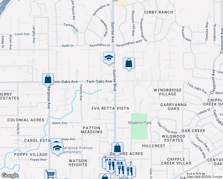 map of restaurants, bars, coffee shops, grocery stores, and more near 8317 Sunrise Boulevard in Citrus Heights