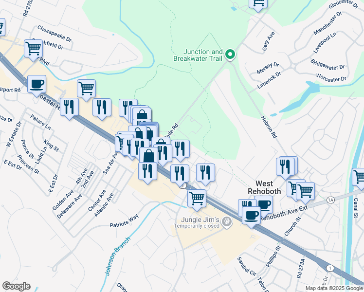 map of restaurants, bars, coffee shops, grocery stores, and more near 19805 Coastal Highway in Rehoboth Beach