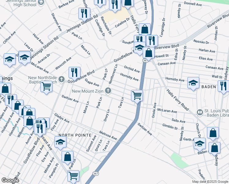 map of restaurants, bars, coffee shops, grocery stores, and more near 1627 Grape Avenue in St. Louis