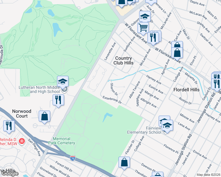 map of restaurants, bars, coffee shops, grocery stores, and more near 7429 Greenport Drive in St. Louis