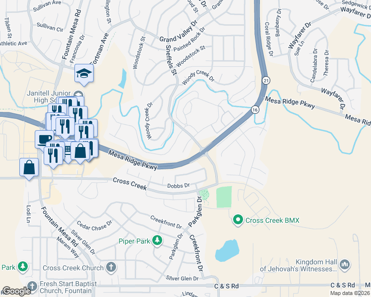 map of restaurants, bars, coffee shops, grocery stores, and more near 8074 Pinfeather Drive in Colorado Springs