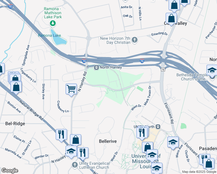 map of restaurants, bars, coffee shops, grocery stores, and more near 8600 Geiger Road in St. Louis