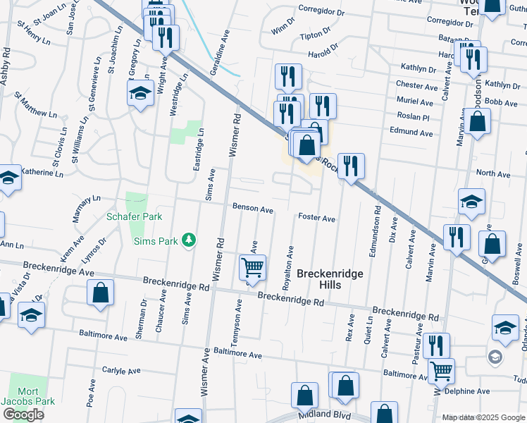 map of restaurants, bars, coffee shops, grocery stores, and more near 9809 Benson Avenue in Breckenridge Hills