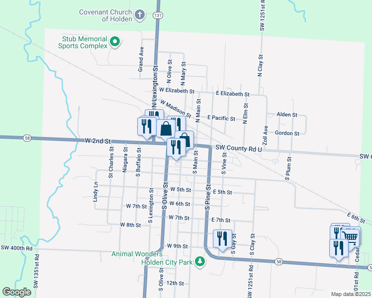 map of restaurants, bars, coffee shops, grocery stores, and more near 106 Missouri 58 in Holden