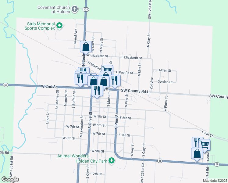 map of restaurants, bars, coffee shops, grocery stores, and more near 113 East 2nd Street in Holden