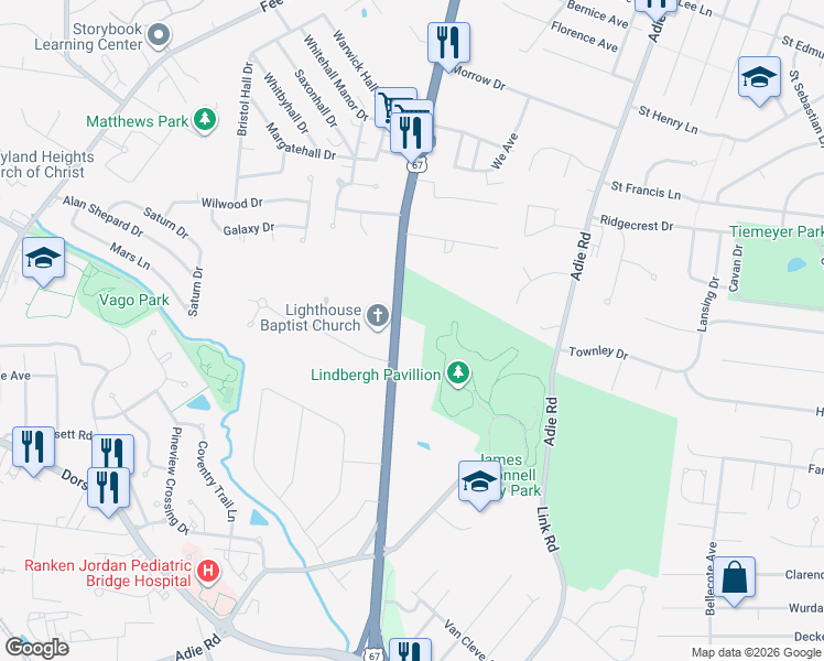 map of restaurants, bars, coffee shops, grocery stores, and more near 3025-3035 North Lindbergh Boulevard in St. Ann