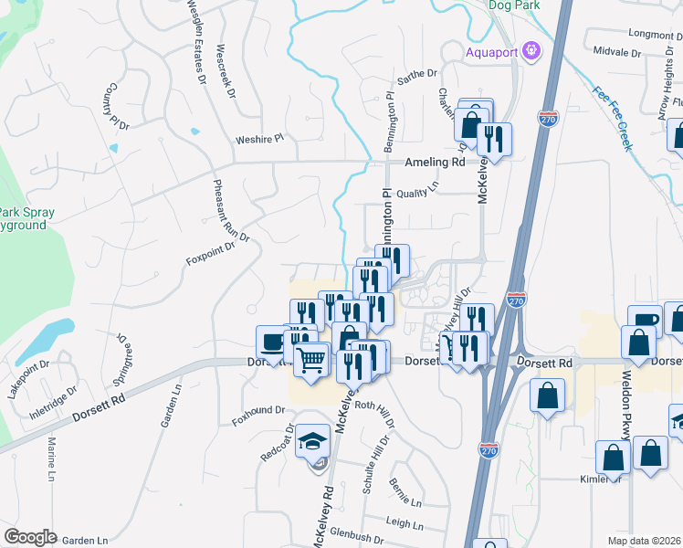 map of restaurants, bars, coffee shops, grocery stores, and more near 2045 Quiet Stream Drive in Maryland Heights